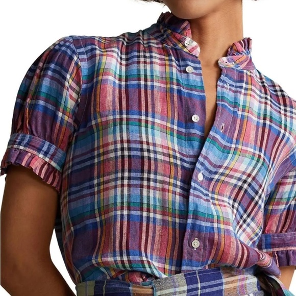 NWT  $128 Polo Ralph Lauren
Ruffle-Trim Plaid Linen Shirt SZ: 14 - Picture 1 of 10